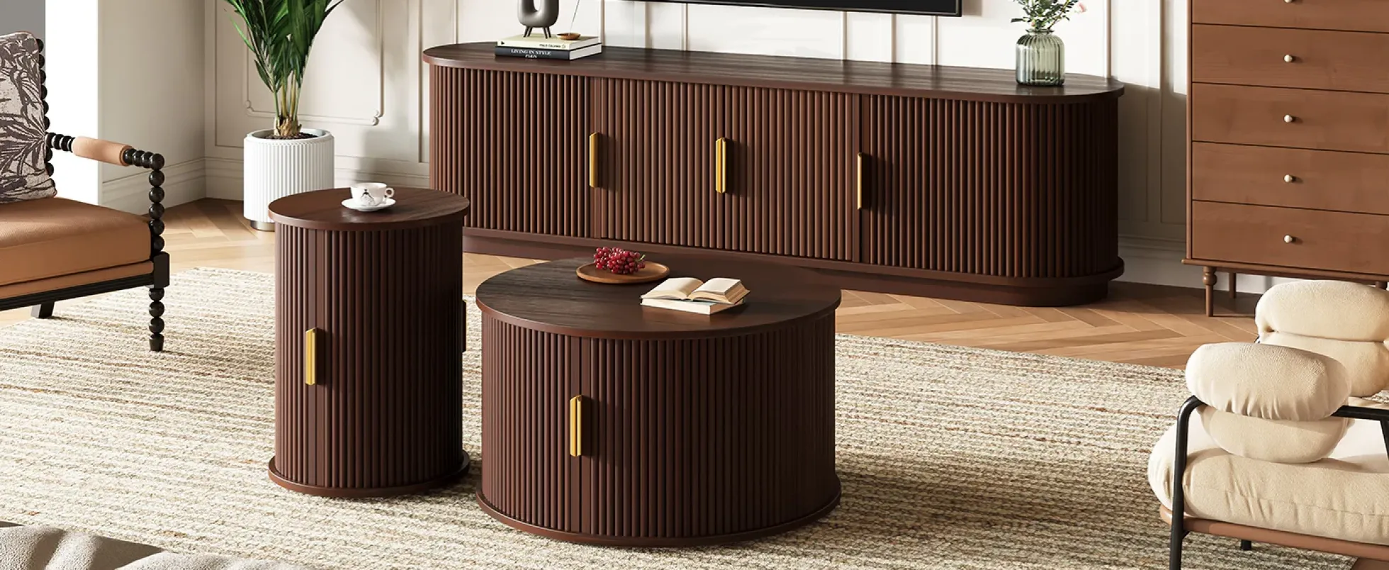 3 Piece Fluted Teak TV Stand & Coffee Table Set with Storage