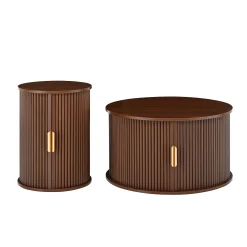 3 Piece Fluted Teak TV Stand & Coffee Table Set with Storage