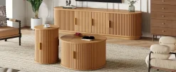 3 Piece Fluted Teak TV Stand & Coffee Table Set with Storage