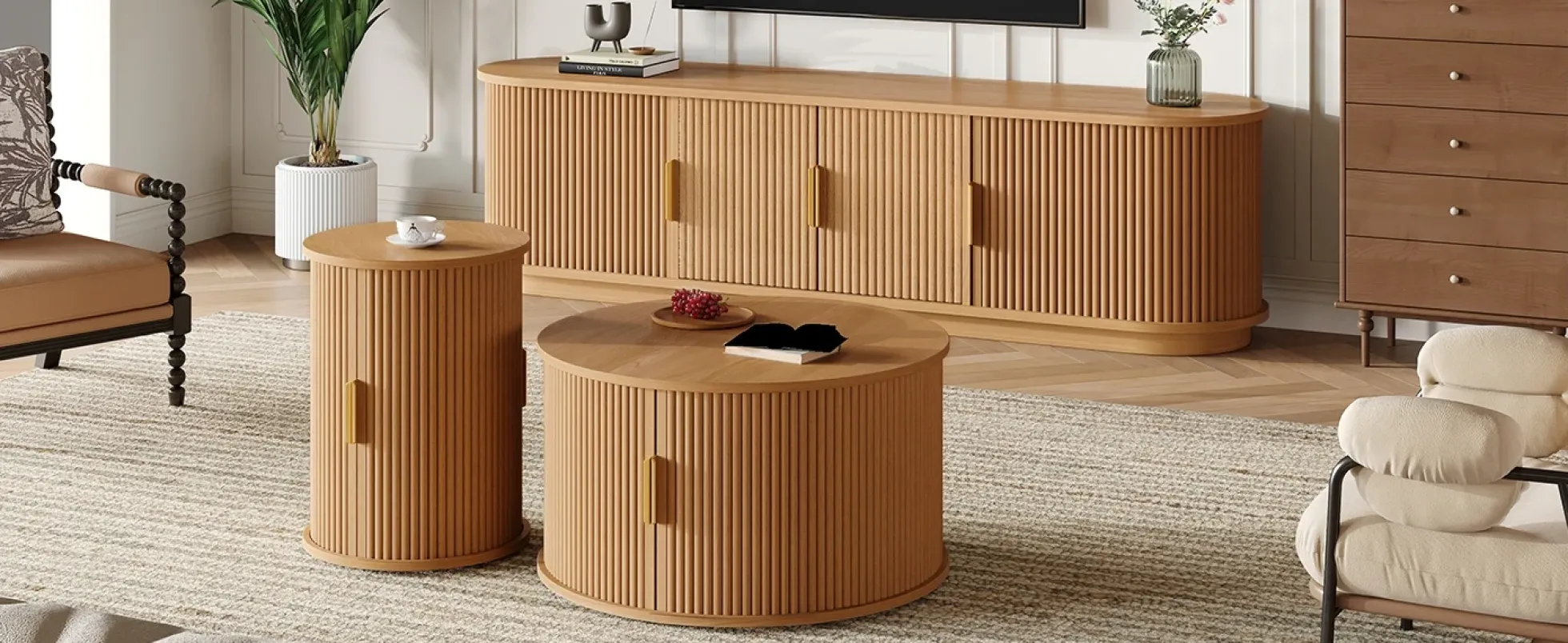 3 Piece Fluted Teak TV Stand & Coffee Table Set with Storage