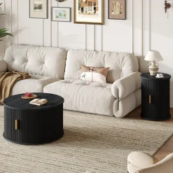 3 Piece Fluted Teak TV Stand & Coffee Table Set with Storage