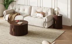 3 Piece Fluted Teak TV Stand & Coffee Table Set with Storage