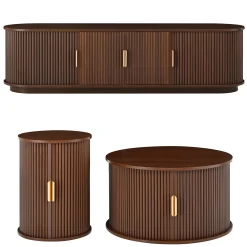 3 Piece Fluted Teak TV Stand & Coffee Table Set with Storage