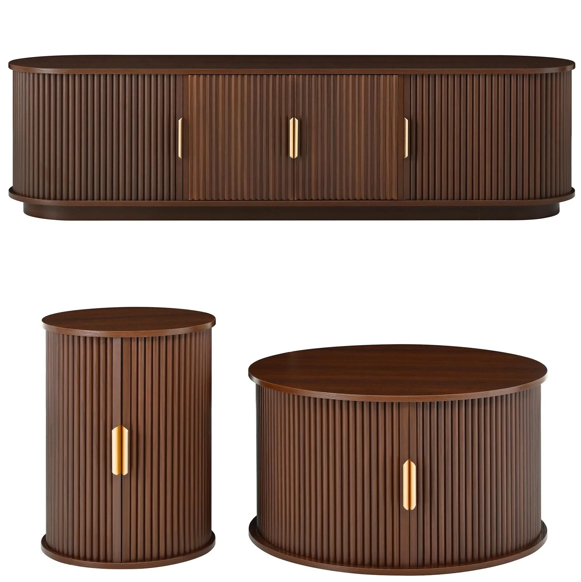 3 Piece Fluted Teak TV Stand & Coffee Table Set with Storage