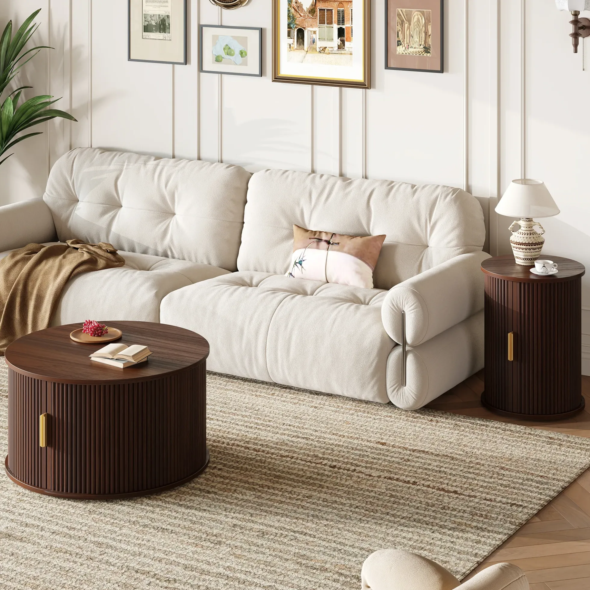 3 Piece Fluted Teak TV Stand & Coffee Table Set with Storage