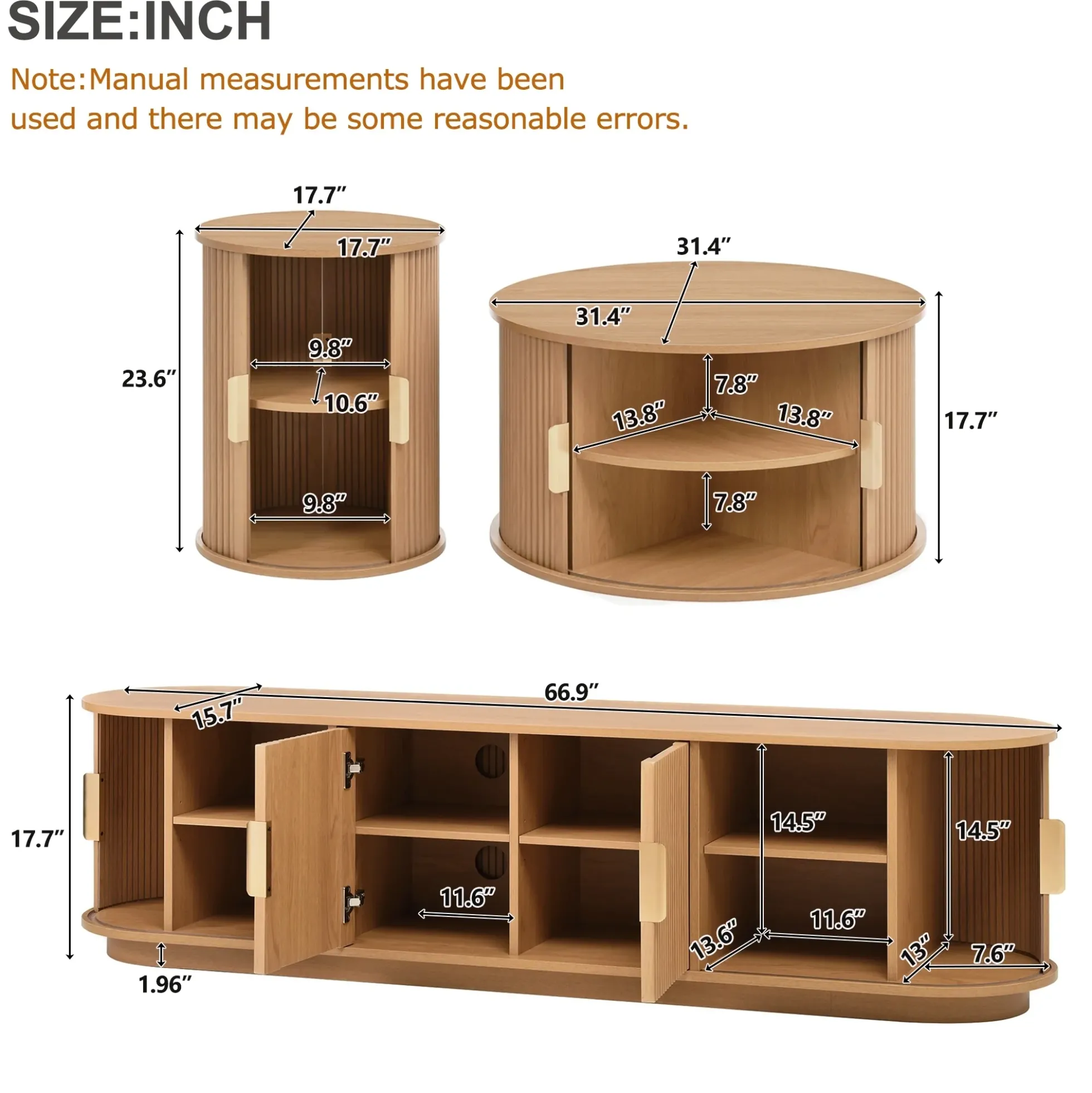 3 Piece Fluted Teak TV Stand & Coffee Table Set with Storage