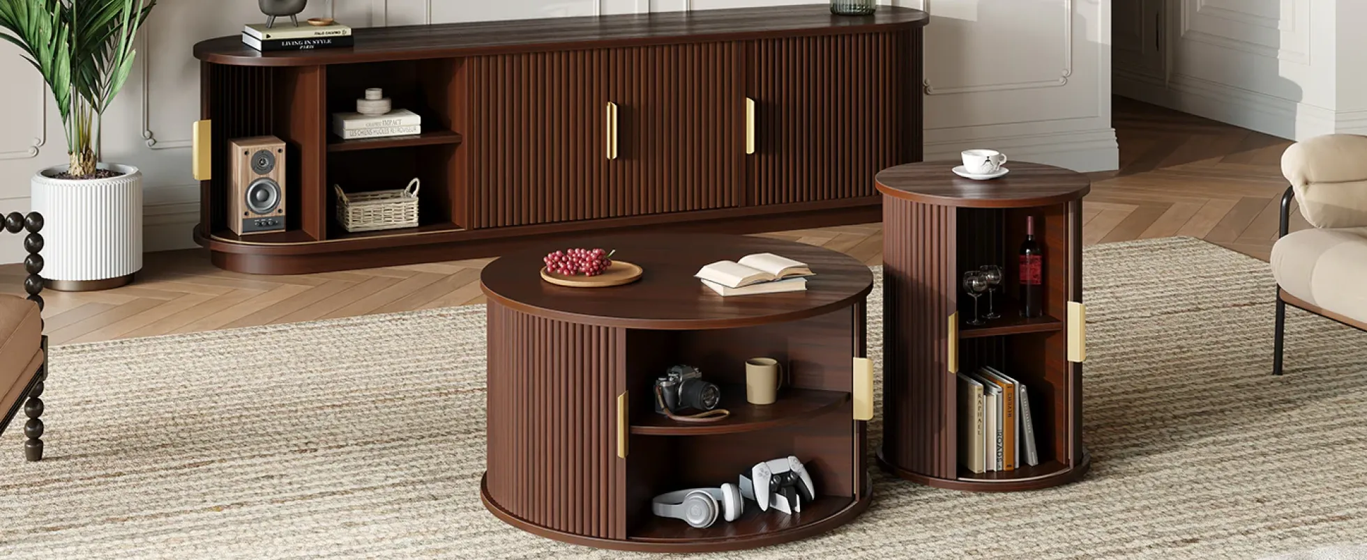 3 Piece Fluted Teak TV Stand & Coffee Table Set with Storage