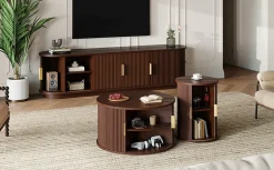 3 Piece Fluted Teak TV Stand & Coffee Table Set with Storage