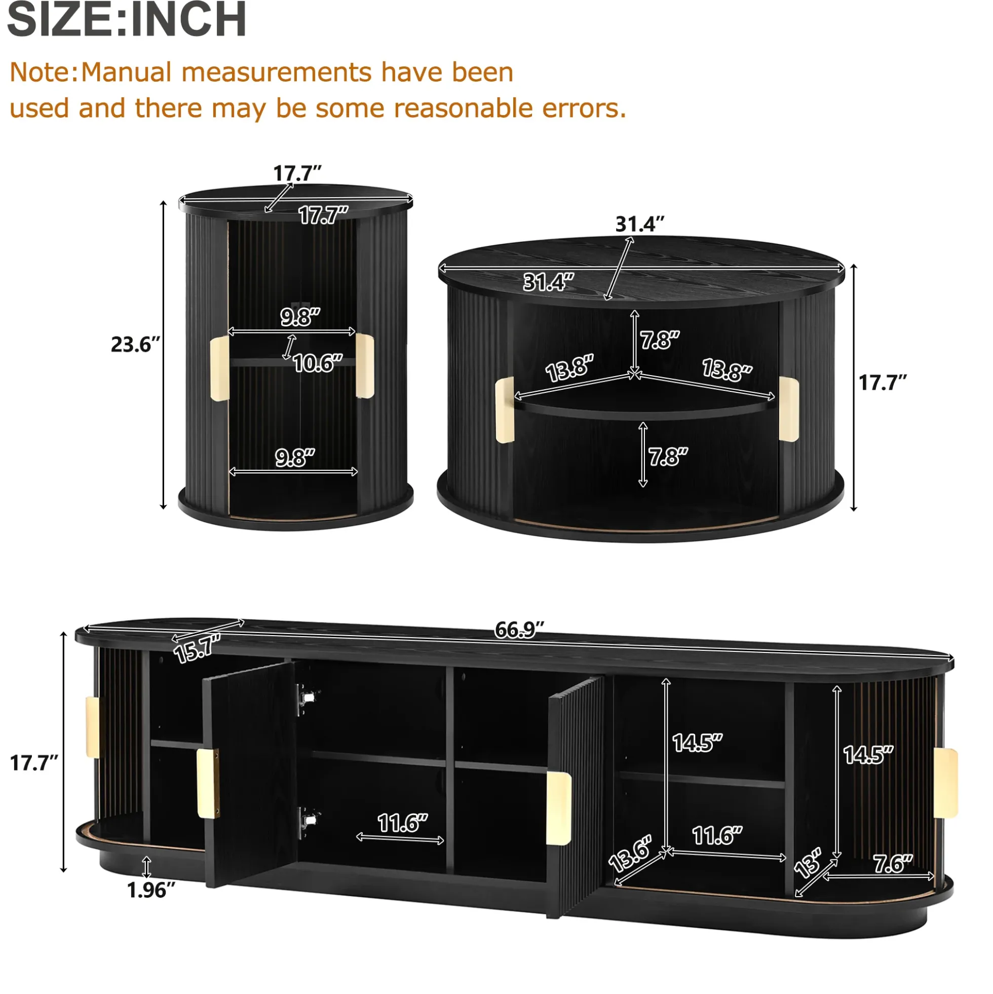 3 Piece Fluted Teak TV Stand & Coffee Table Set with Storage