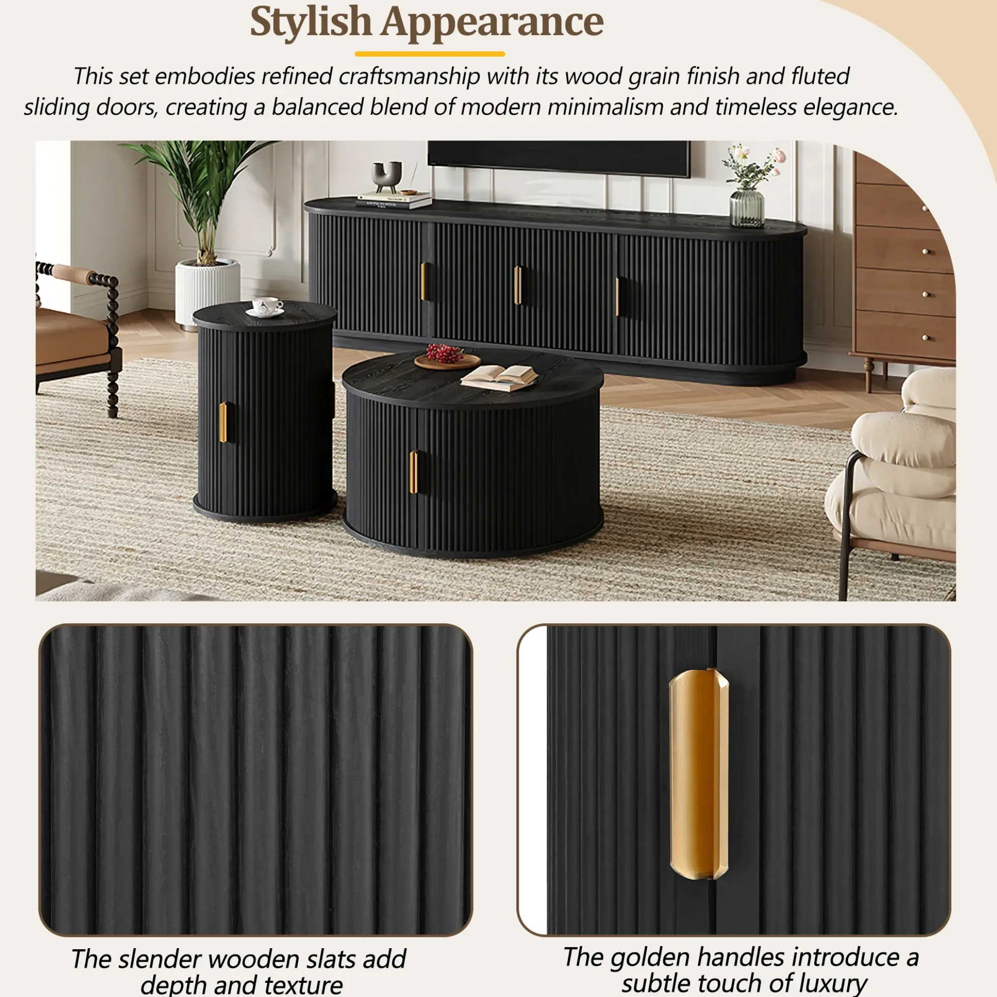 3 Piece Fluted Teak TV Stand & Coffee Table Set with Storage
