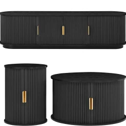 3 Piece Fluted Teak TV Stand & Coffee Table Set with Storage