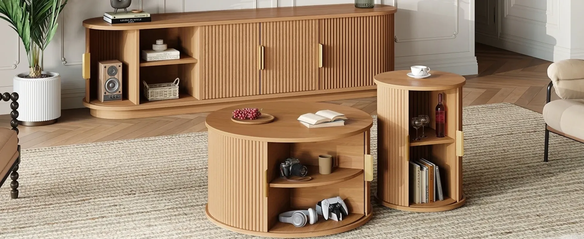 3 Piece Fluted Teak TV Stand & Coffee Table Set with Storage