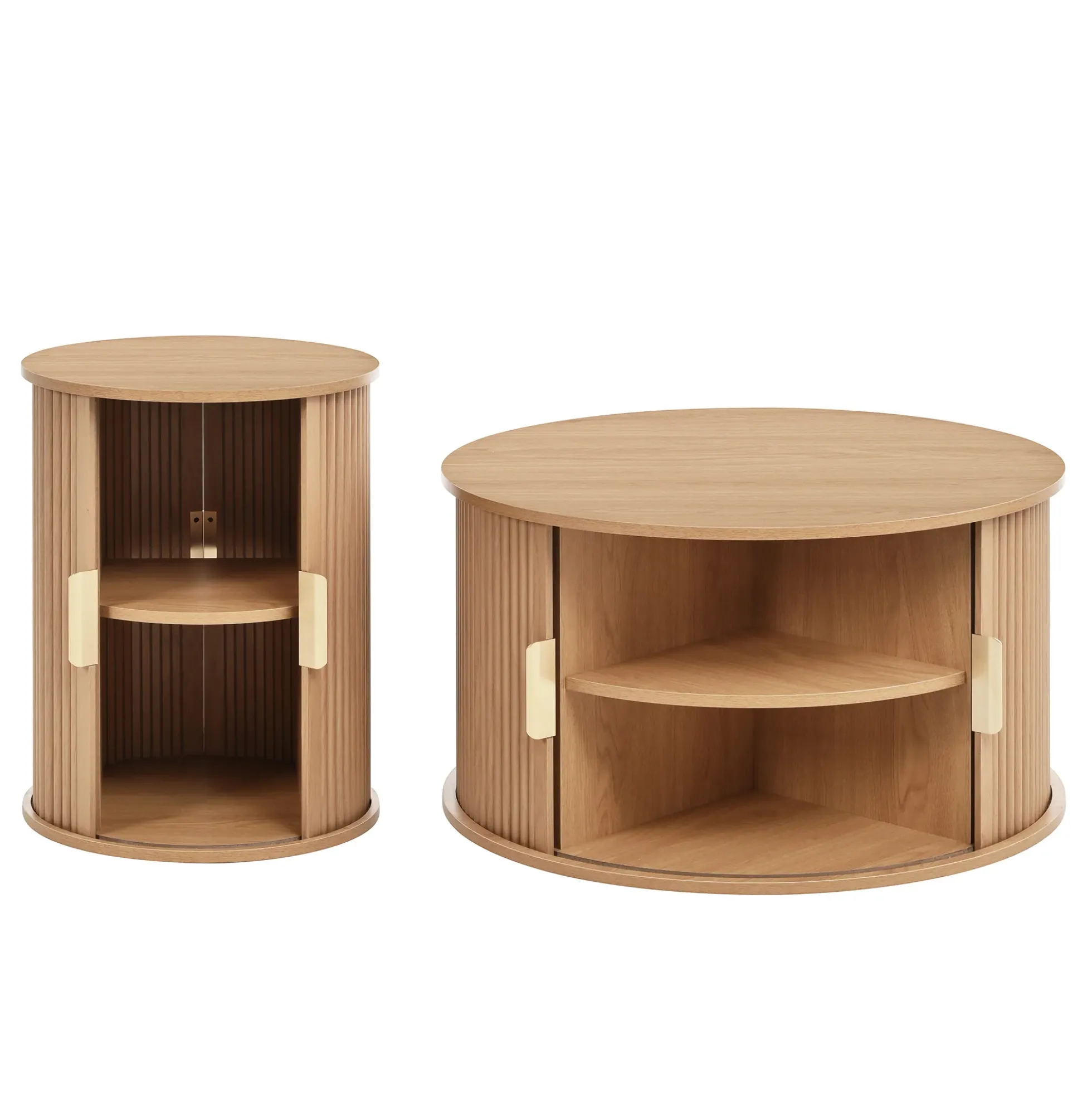 3 Piece Fluted Teak TV Stand & Coffee Table Set with Storage