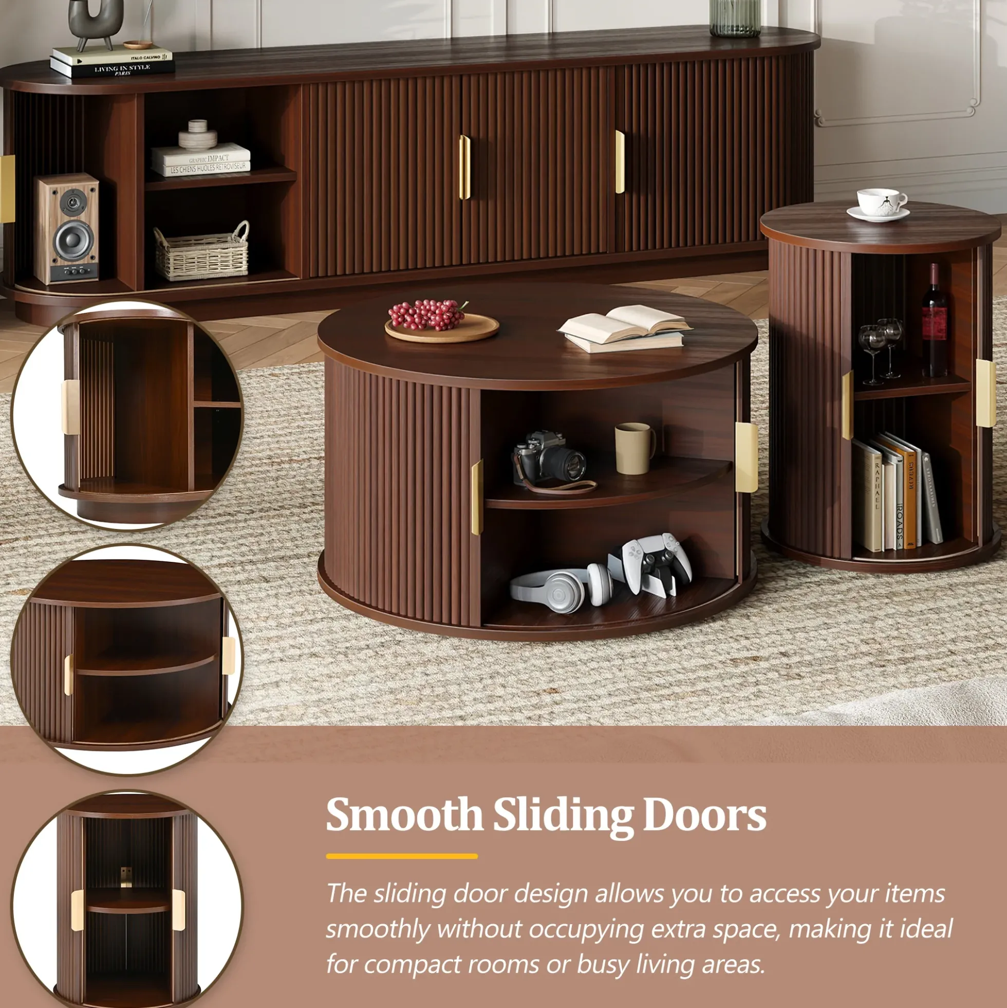 3 Piece Fluted Teak TV Stand & Coffee Table Set with Storage