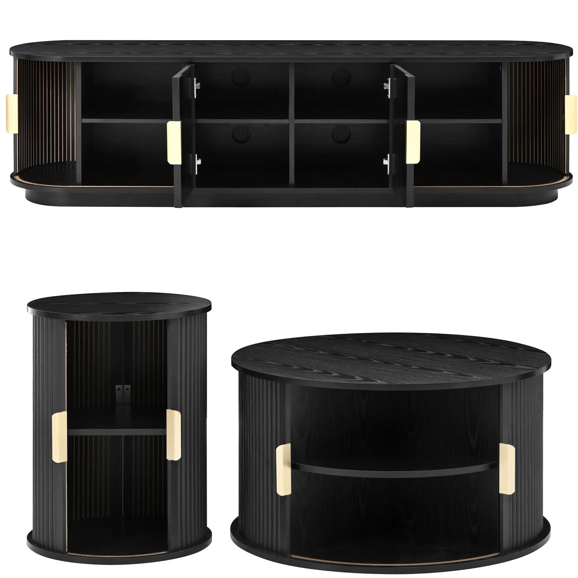 3 Piece Fluted Teak TV Stand & Coffee Table Set with Storage