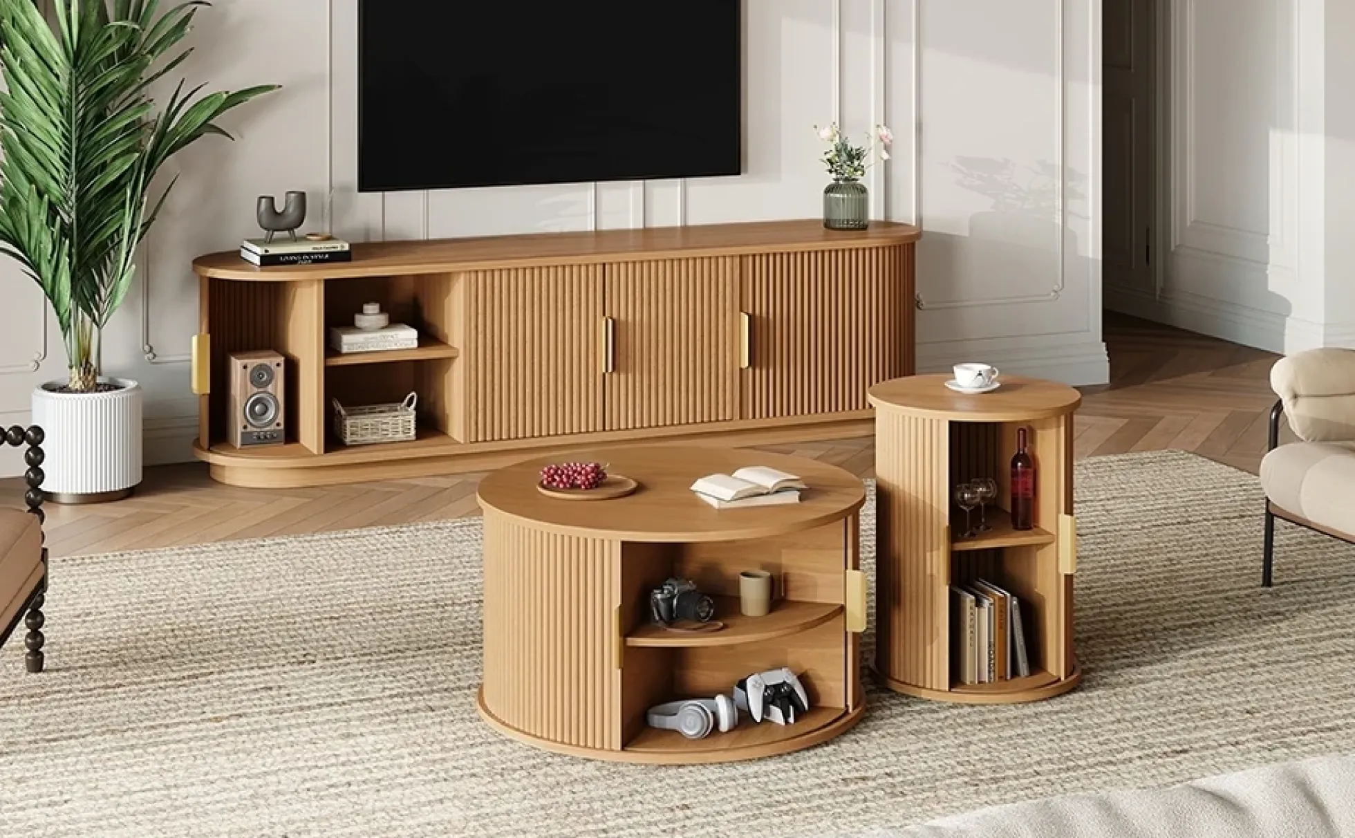 3 Piece Fluted Teak TV Stand & Coffee Table Set with Storage