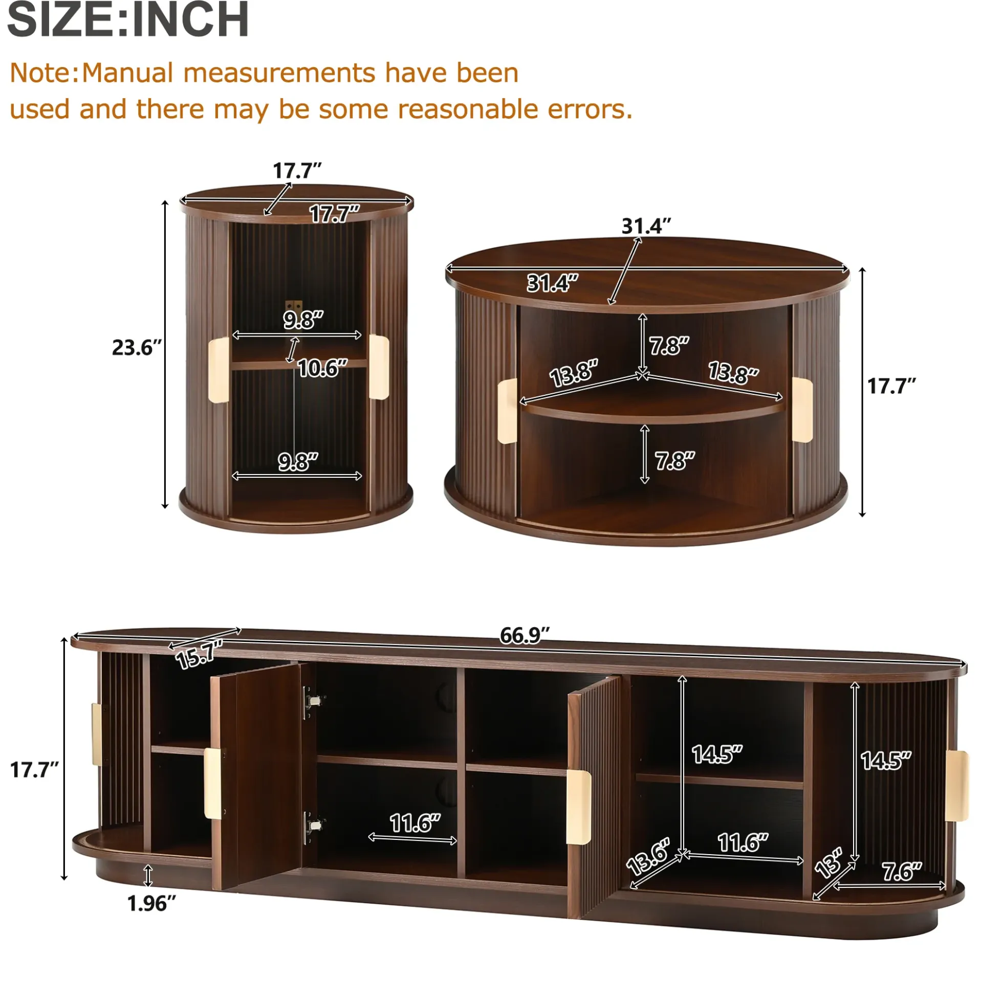 3 Piece Fluted Teak TV Stand & Coffee Table Set with Storage