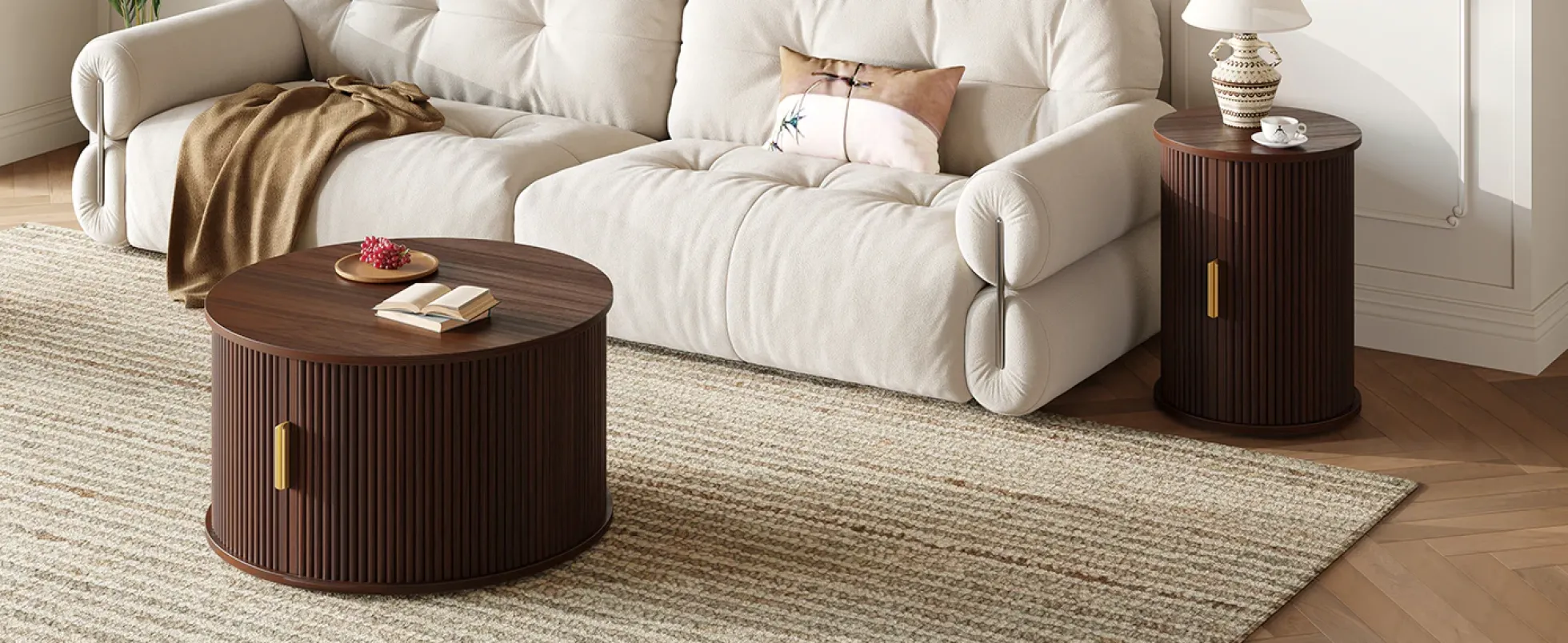 3 Piece Fluted Teak TV Stand & Coffee Table Set with Storage