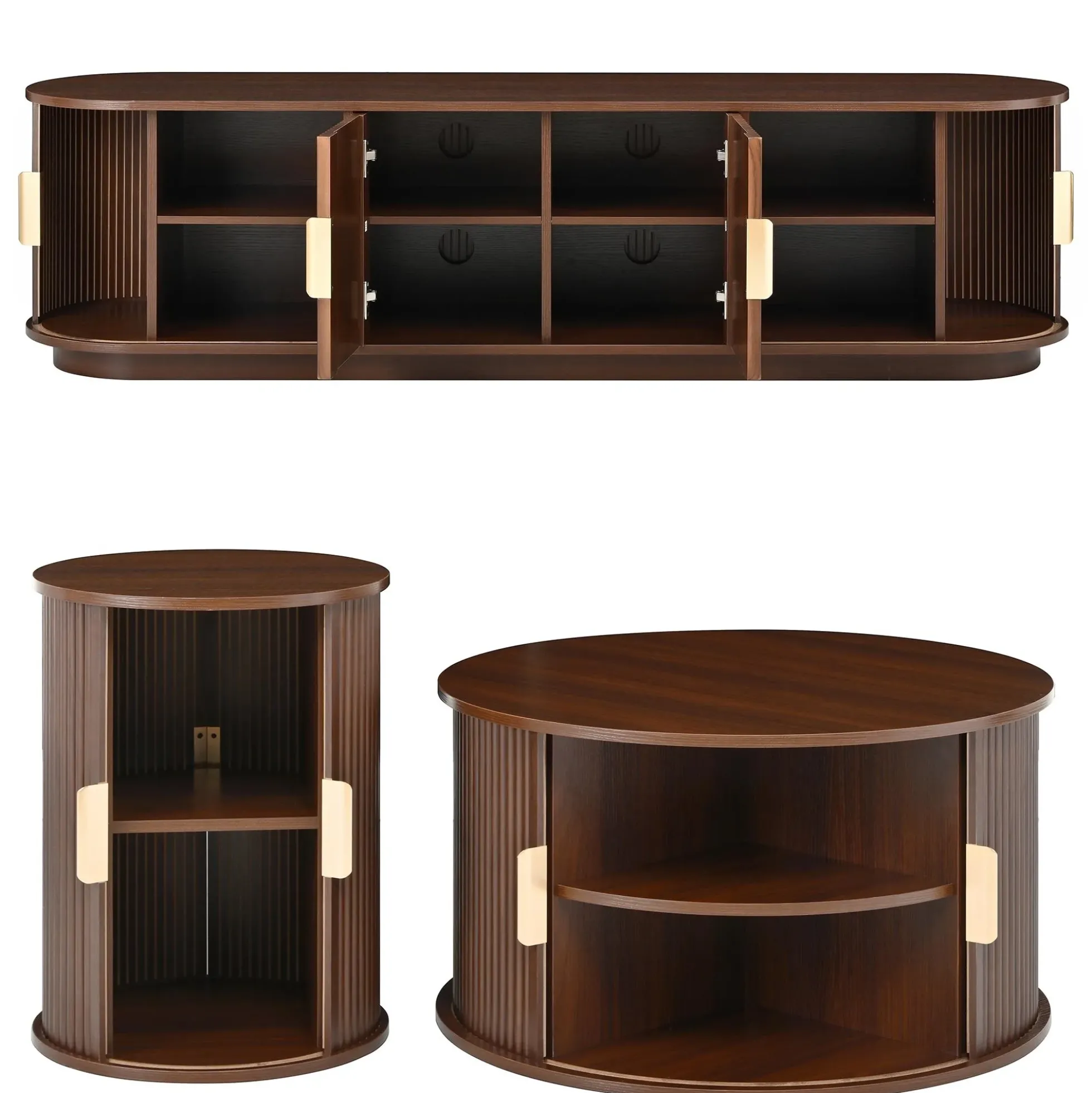 3 Piece Fluted Teak TV Stand & Coffee Table Set with Storage