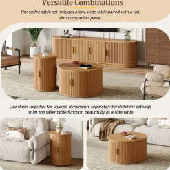 3 Piece Fluted Teak TV Stand & Coffee Table Set with Storage