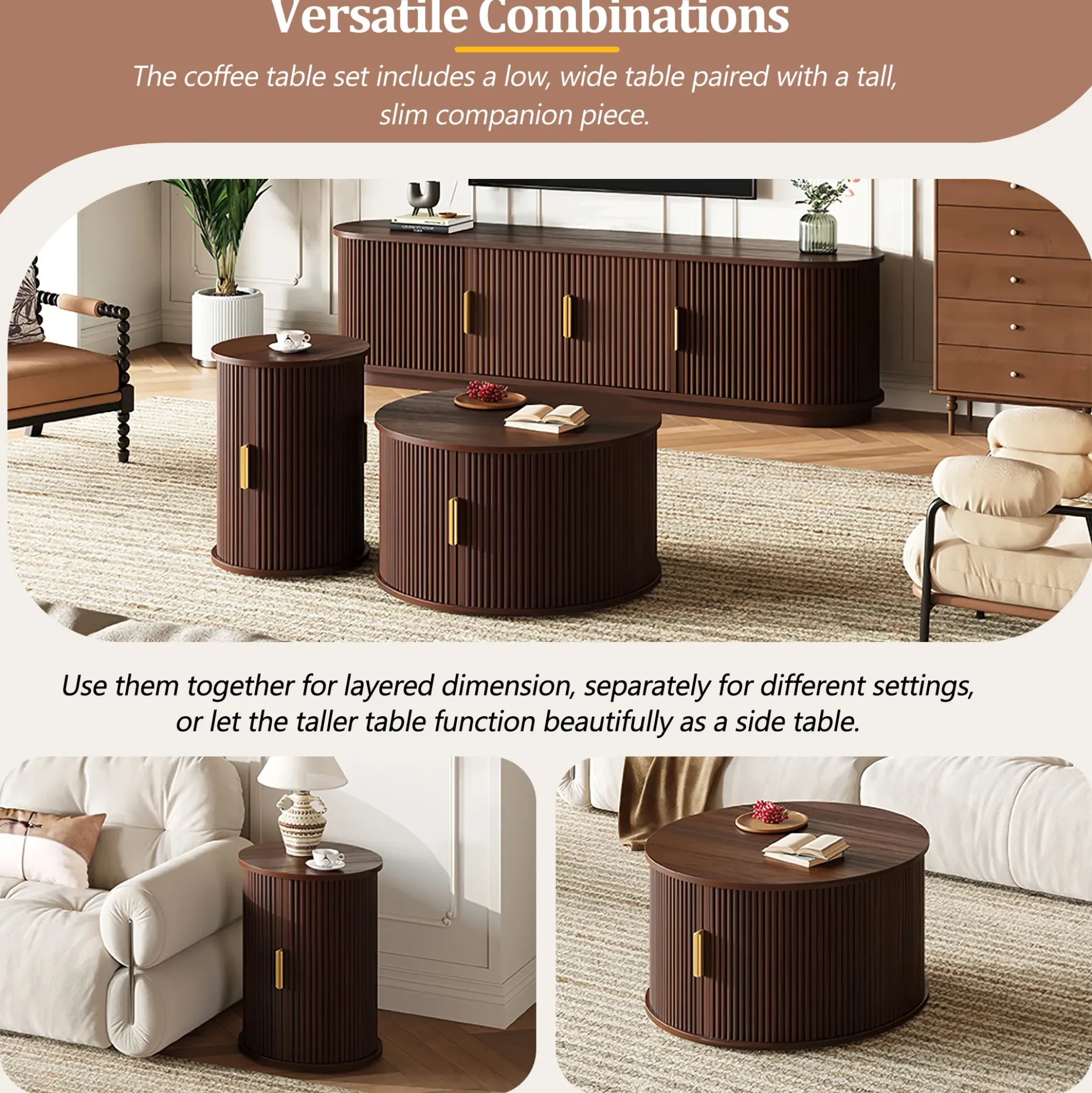 3 Piece Fluted Teak TV Stand & Coffee Table Set with Storage