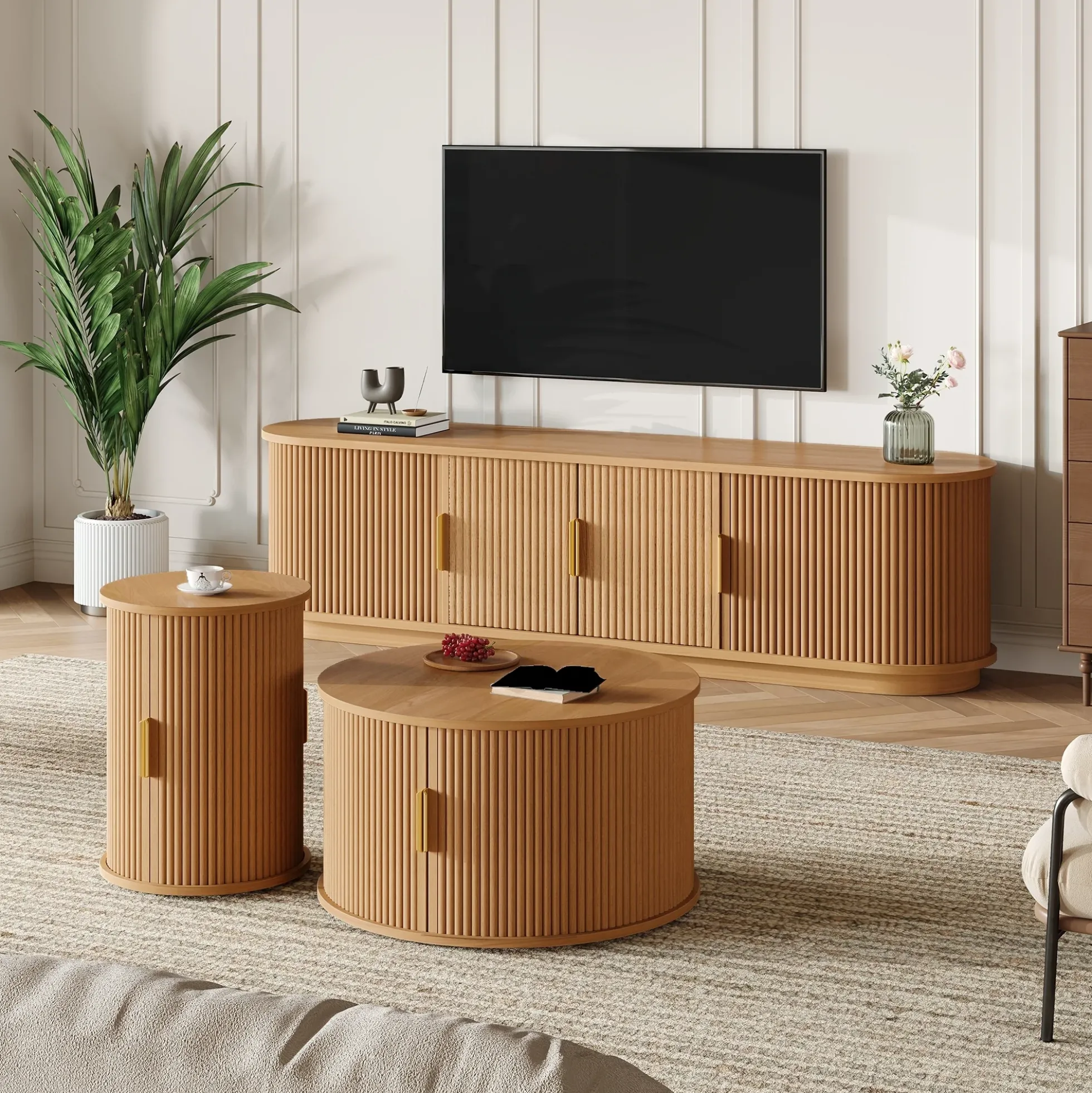 3 Piece Fluted Teak TV Stand & Coffee Table Set with Storage