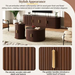 3 Piece Fluted Teak TV Stand & Coffee Table Set with Storage