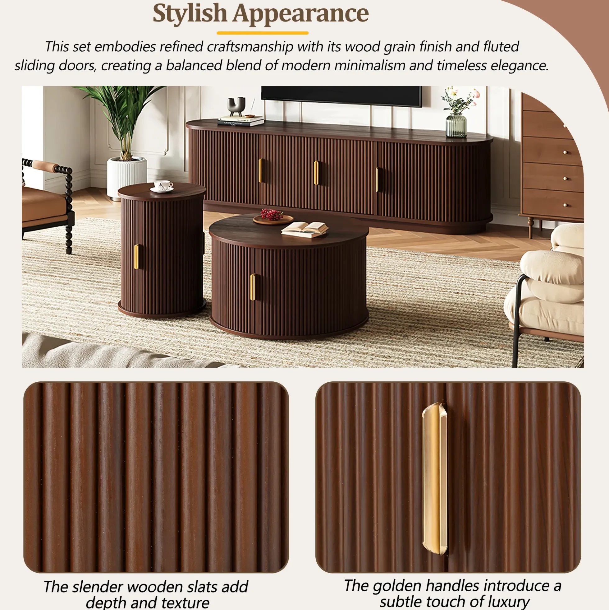 3 Piece Fluted Teak TV Stand & Coffee Table Set with Storage