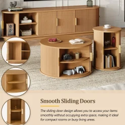 3 Piece Fluted Teak TV Stand & Coffee Table Set with Storage