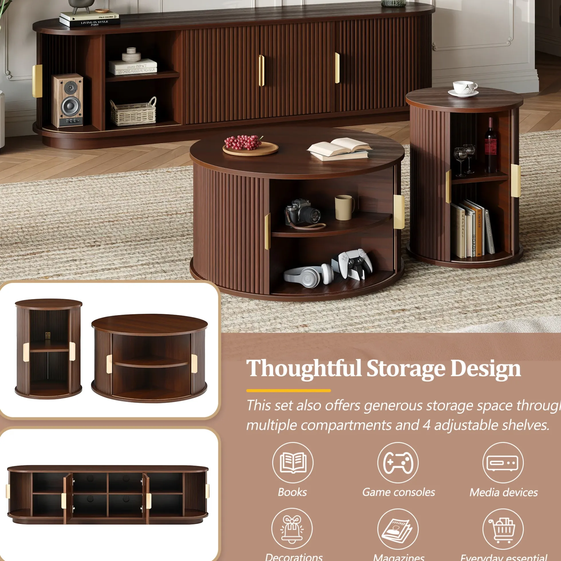 3 Piece Fluted Teak TV Stand & Coffee Table Set with Storage