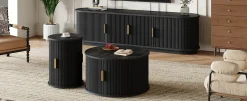 3 Piece Fluted Teak TV Stand & Coffee Table Set with Storage