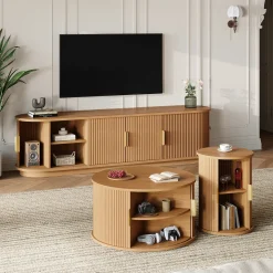 3 Piece Fluted Teak TV Stand & Coffee Table Set with Storage