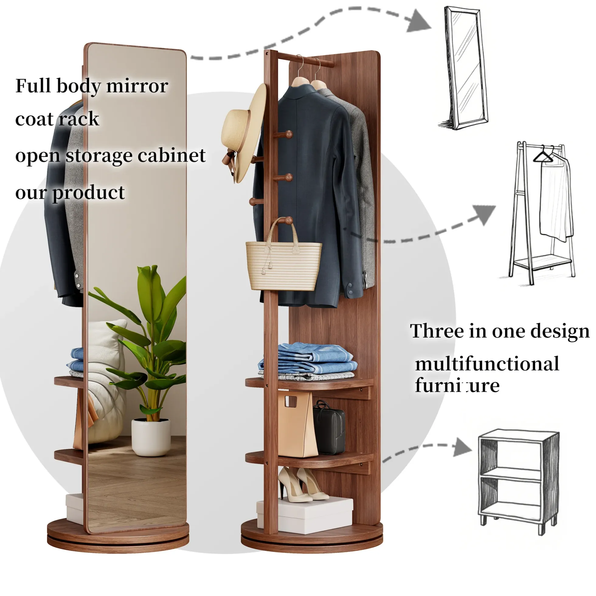 360° Rotating 69'x16' Multifunctional Full Length Mirror with Storage