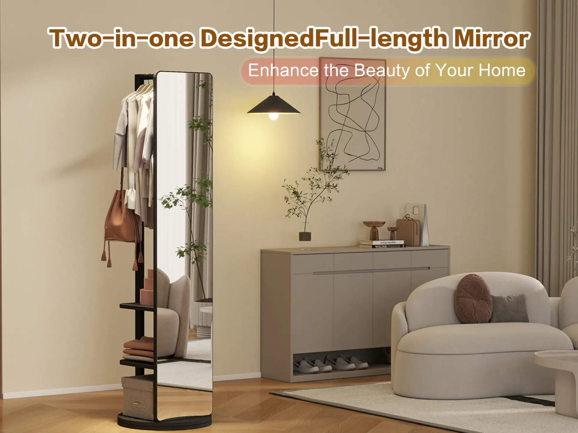 360° Rotating 69'x16' Multifunctional Full Length Mirror with Storage