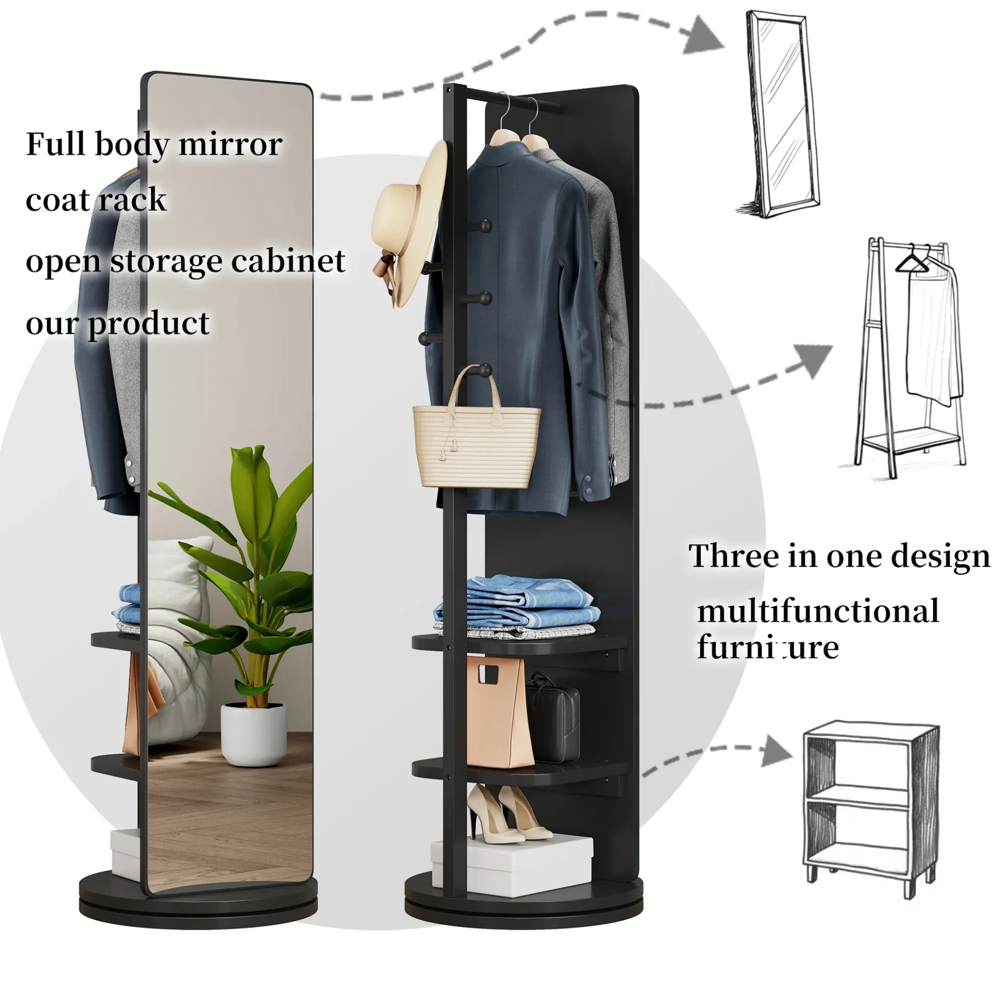 360° Rotating 69'x16' Multifunctional Full Length Mirror with Storage
