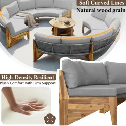 2 Semi-Circle 3-Piece Outdoor Sofa Set for 6 with Acacia Wood Coffee Table