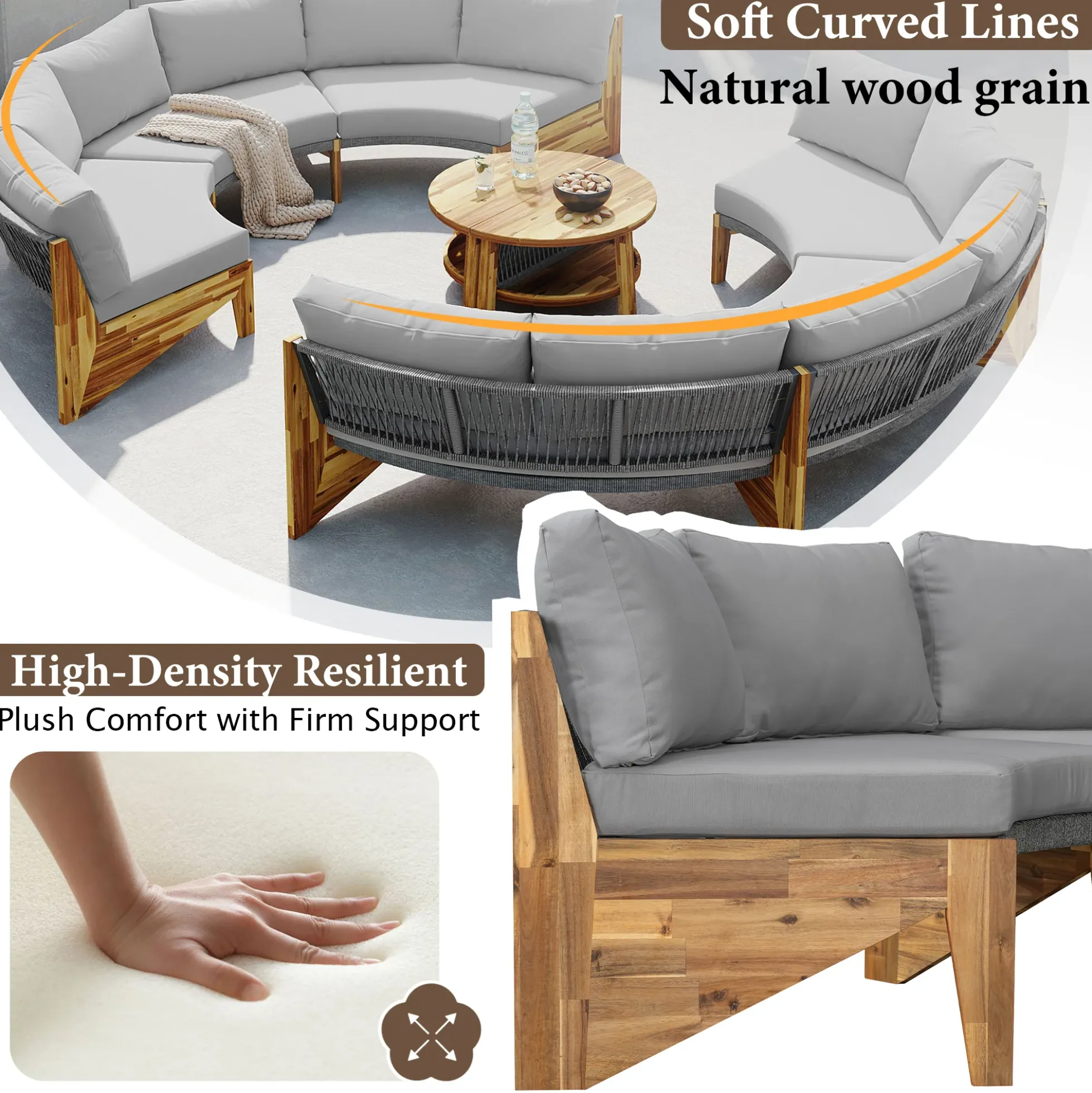 2 Semi-Circle 3-Piece Outdoor Sofa Set for 6 with Acacia Wood Coffee Table