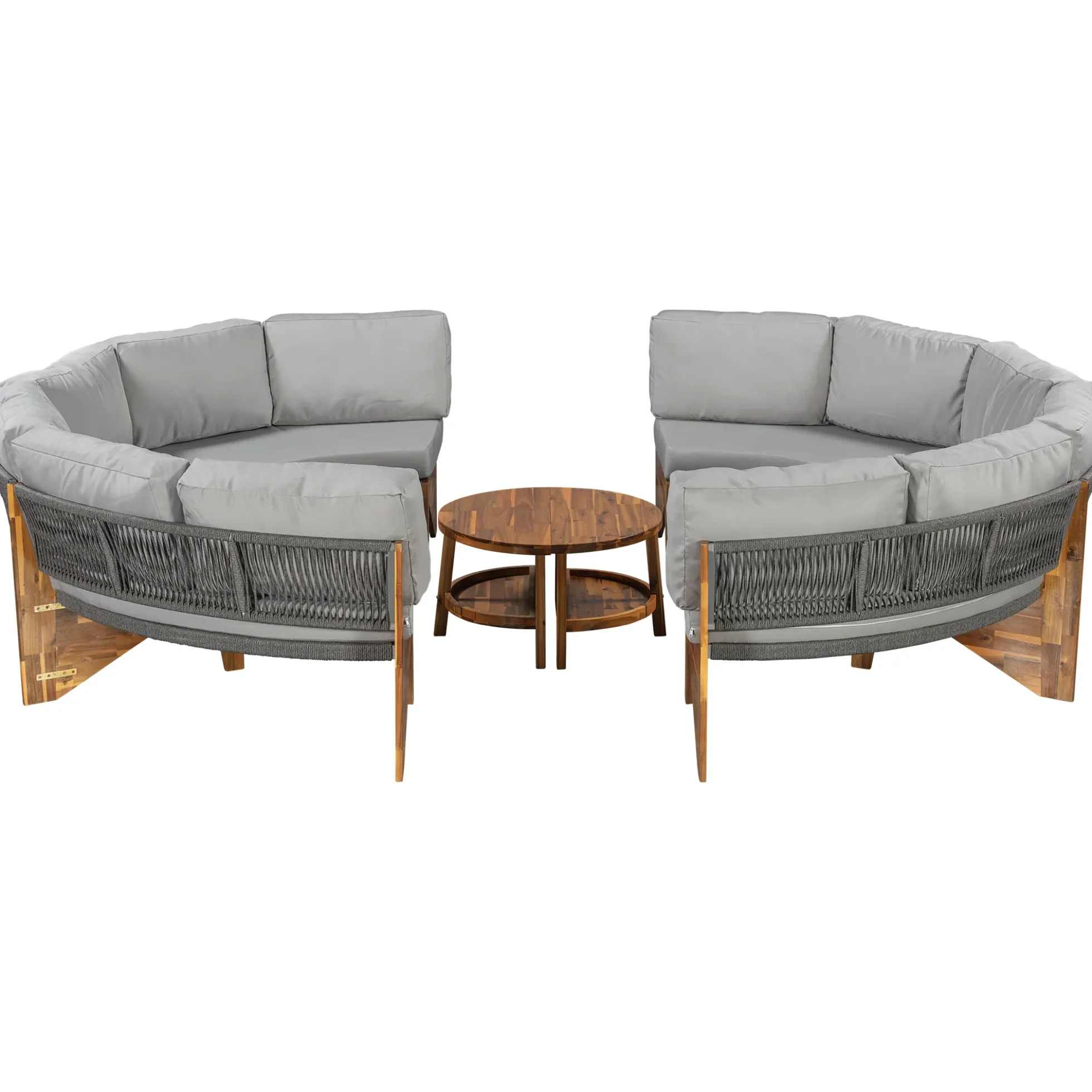 2 Semi-Circle 3-Piece Outdoor Sofa Set for 6 with Acacia Wood Coffee Table