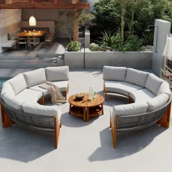 2 Semi-Circle 3-Piece Outdoor Sofa Set for 6 with Acacia Wood Coffee Table