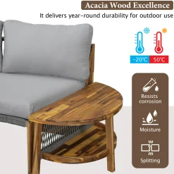 2 Semi-Circle 3-Piece Outdoor Sofa Set for 6 with Acacia Wood Coffee Table