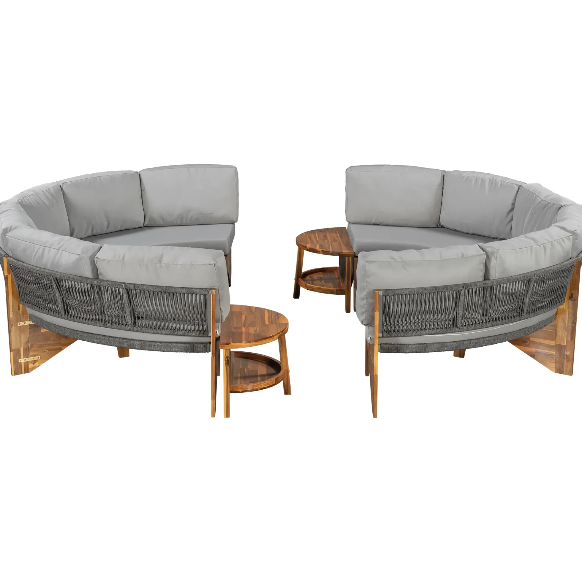 2 Semi-Circle 3-Piece Outdoor Sofa Set for 6 with Acacia Wood Coffee Table