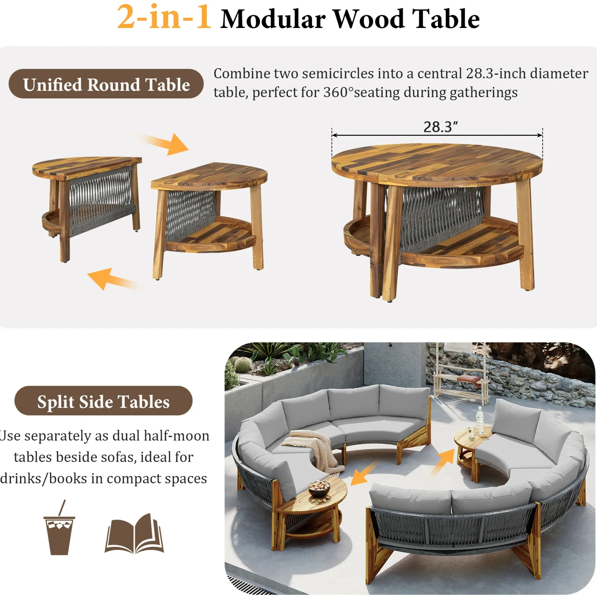 2 Semi-Circle 3-Piece Outdoor Sofa Set for 6 with Acacia Wood Coffee Table