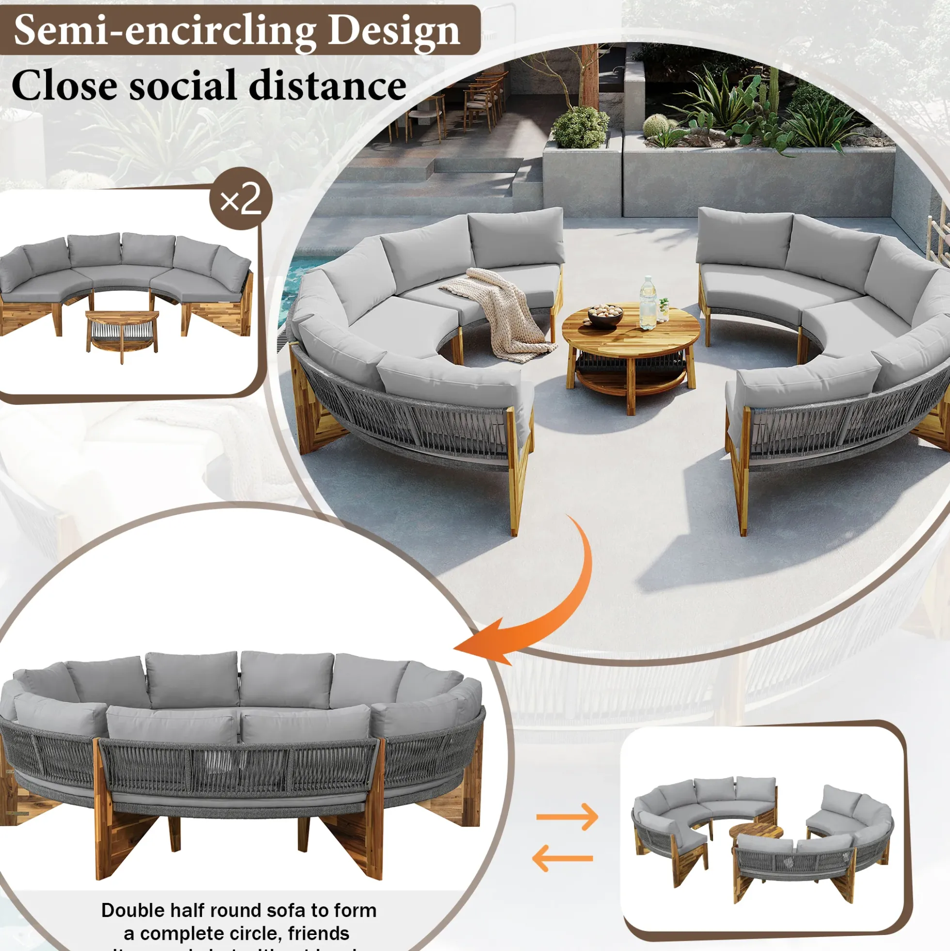 2 Semi-Circle 3-Piece Outdoor Sofa Set for 6 with Acacia Wood Coffee Table