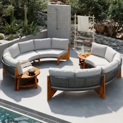2 Semi-Circle 3-Piece Outdoor Sofa Set for 6 with Acacia Wood Coffee Table
