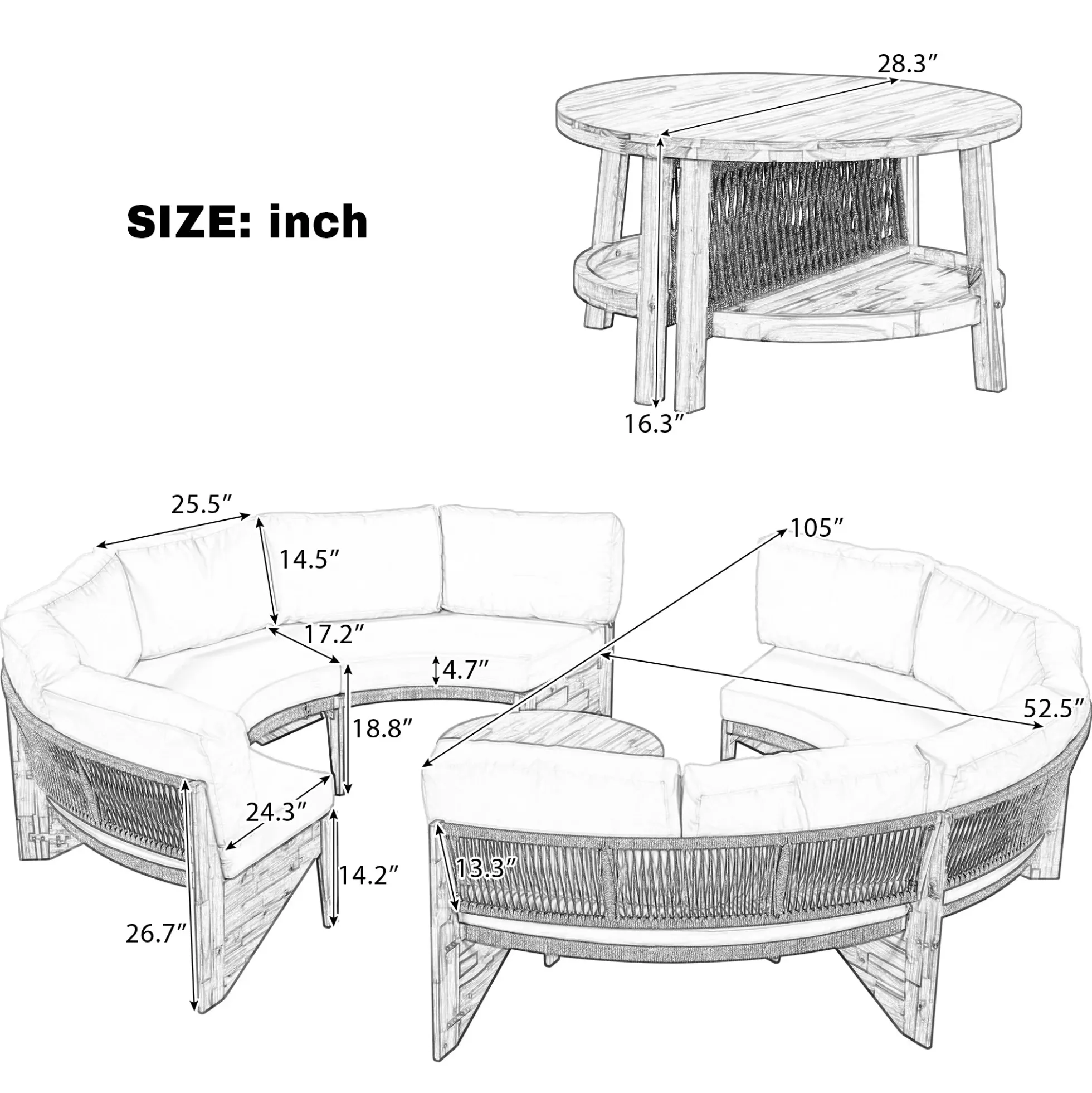 2 Semi-Circle 3-Piece Outdoor Sofa Set for 6 with Acacia Wood Coffee Table