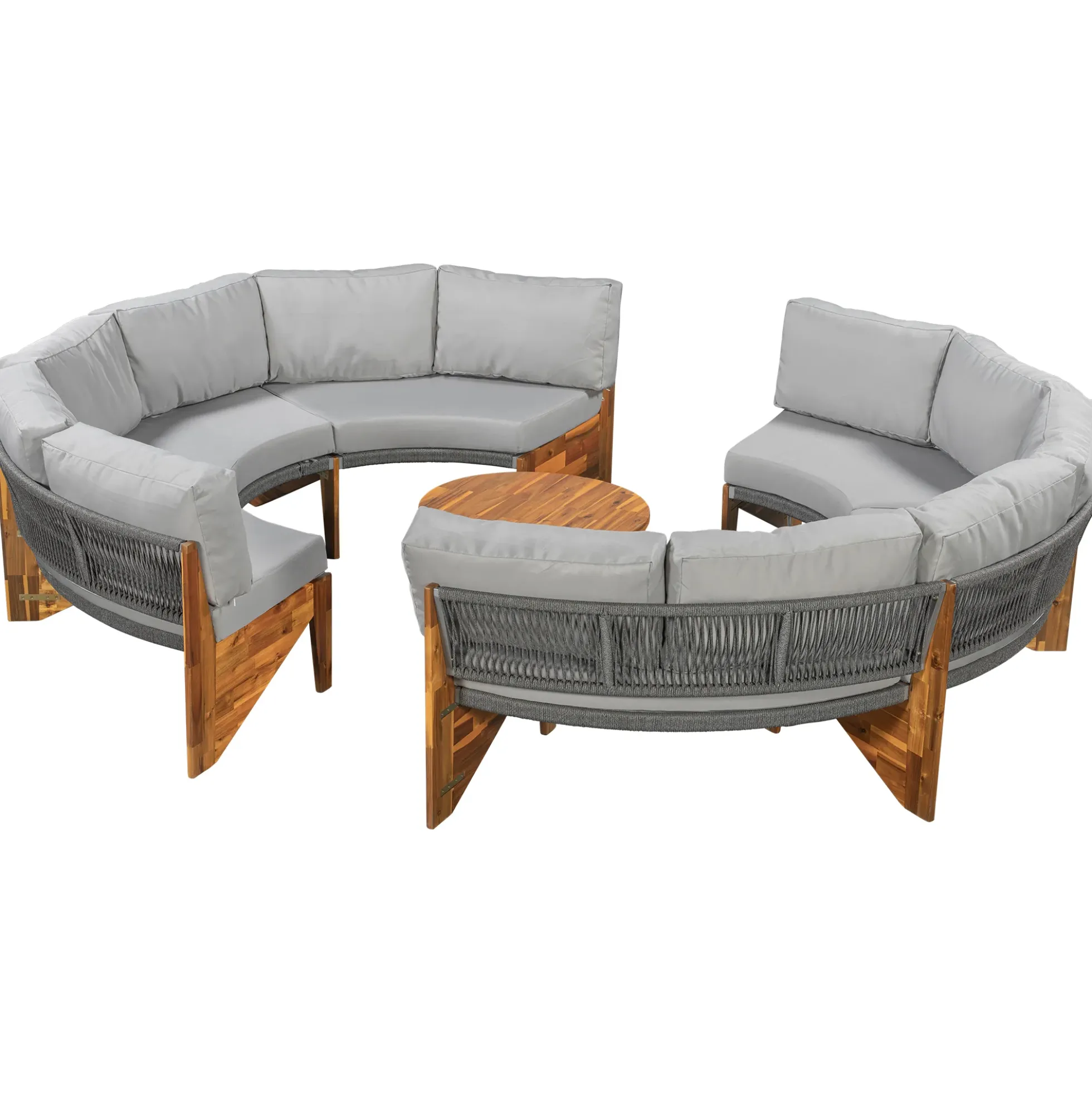 2 Semi-Circle 3-Piece Outdoor Sofa Set for 6 with Acacia Wood Coffee Table