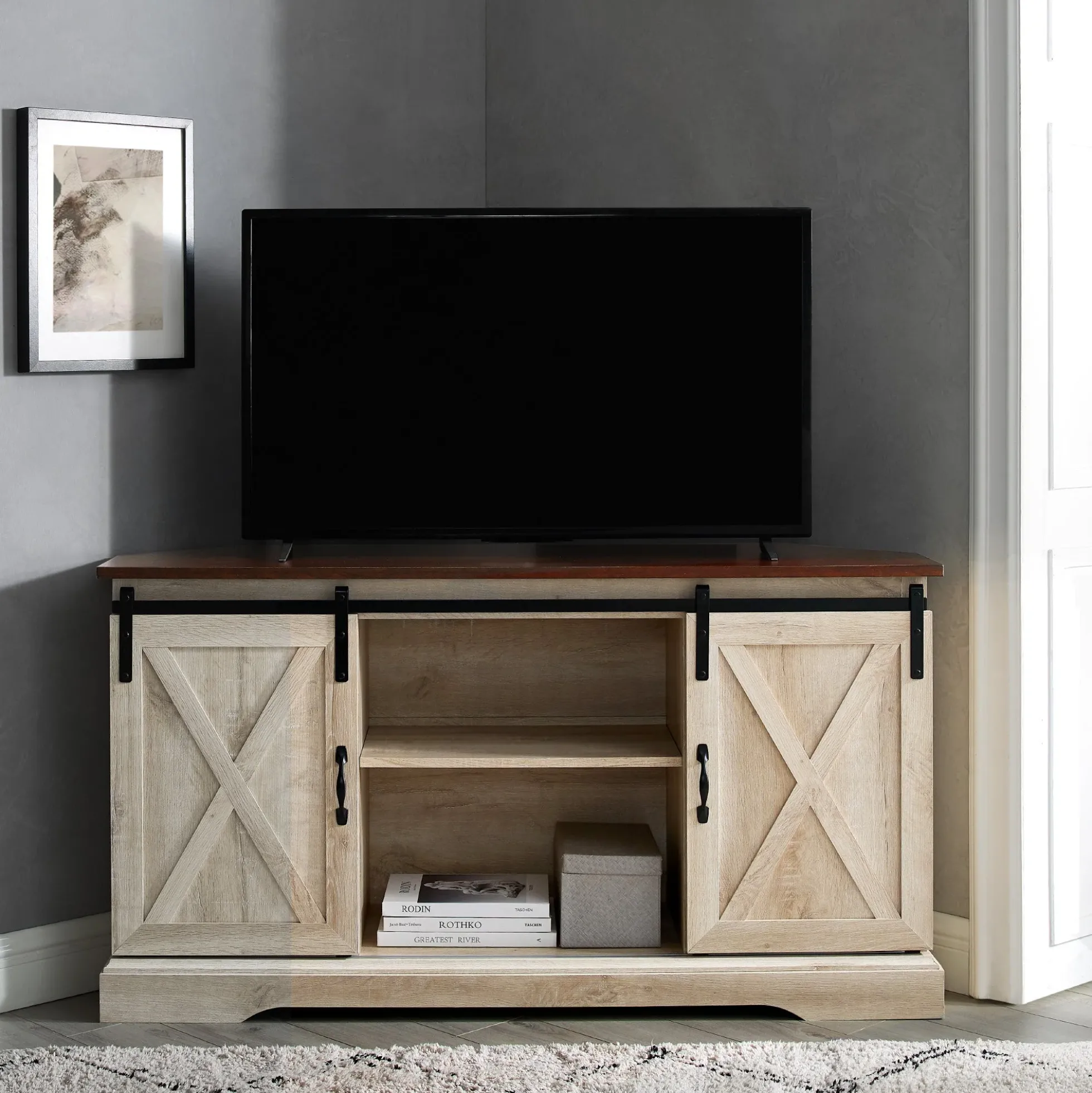52" Sliding Barn Door Corner TV Stand