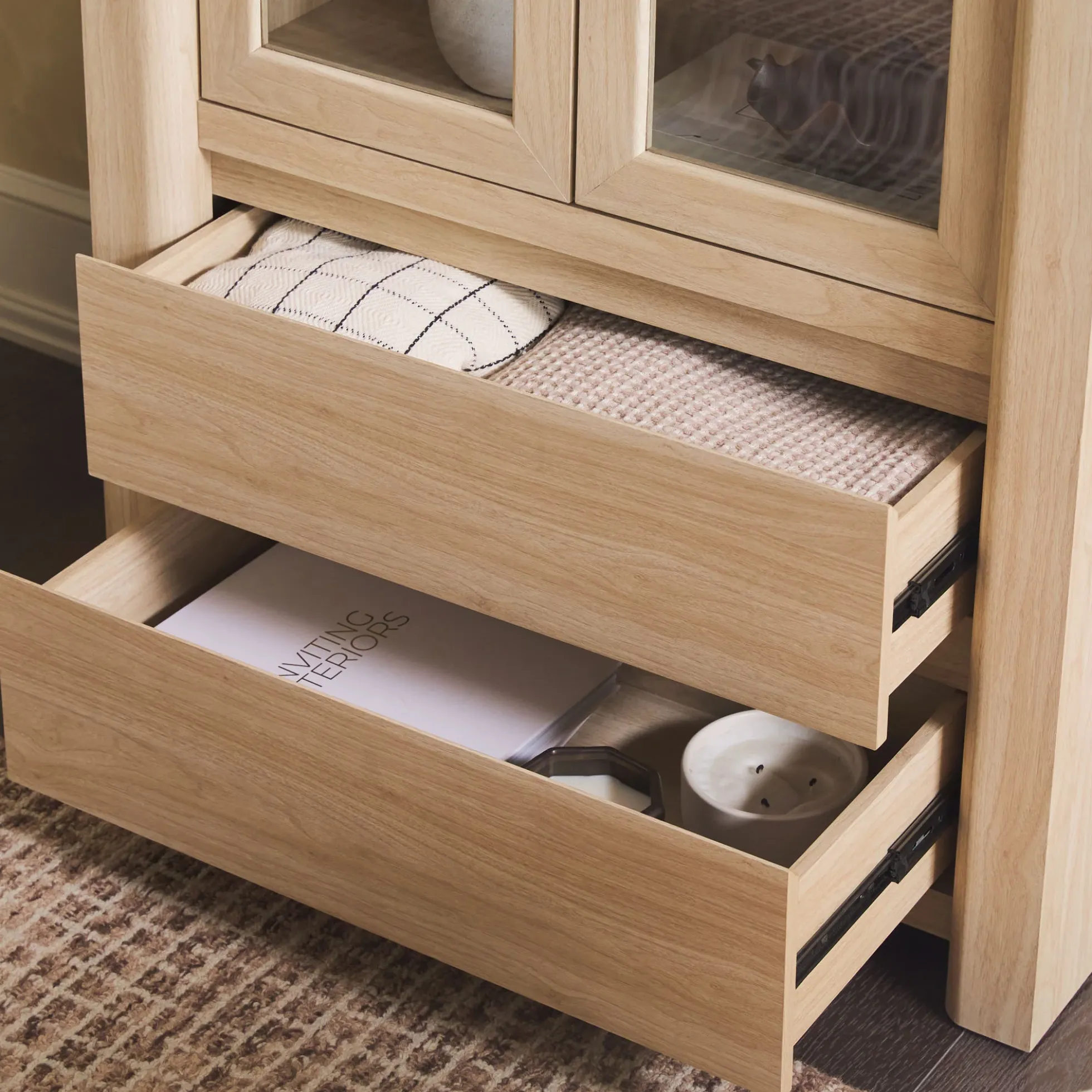 Amira Modern Wood Bookshelf with Glass Doors and Drawer Storage