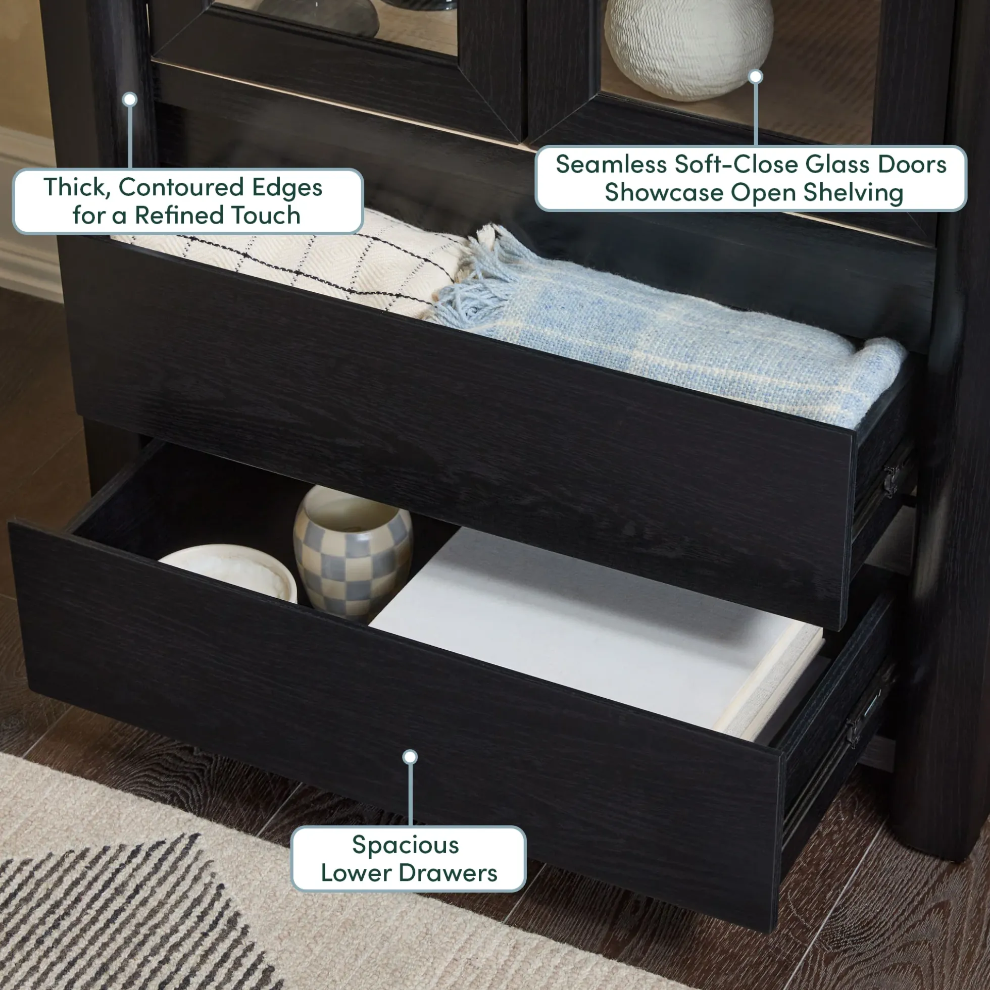 Amira Modern Wood Bookshelf with Glass Doors and Drawer Storage