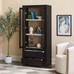 Amira Modern Wood Bookshelf with Glass Doors and Drawer Storage